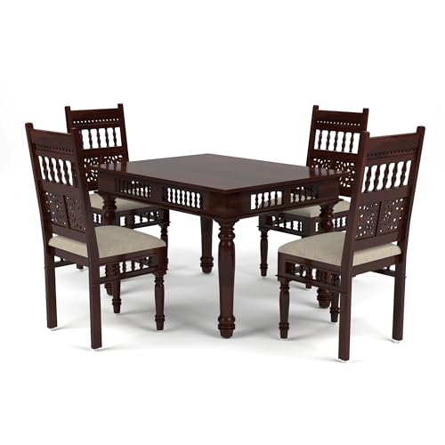 Image of Solid Sheesham Wood Traditional Dining Table 4 Seater Wooden Four Seater Dinning Table with 4 Chairs for Home Chairs with Cushion Dining Room Sets for Restaurants (Walnut Finish)