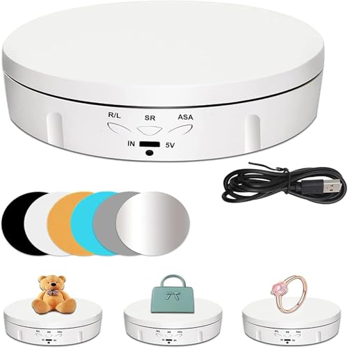 MQFORU Motorized Rotating Display Stand 360 Degree Turntable Display Stand for Photography Products Shows Toys Jewelry Craft fairs Battery/USB Power Supply 5.74inch /22LB(10kg) Load (White)