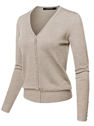 Basic Solid V-Neck Button Closure Long Sleeves Sweater Cardigan Khaki L #TOP2