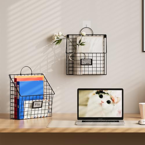 Yuzehuaza Hanging Wall File Holder Organizer Metal Wall Mount File Folders Holder Magazine Rack with Handles and Hooks , for Home Office, 4 Packs, Black (Patent Pending) by Yuzehuaza - Image 7