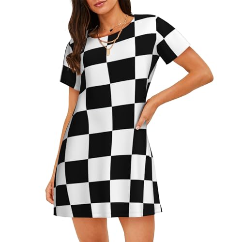 Chemise de nuit respirante et légère en écossais noir et blanc pour femme