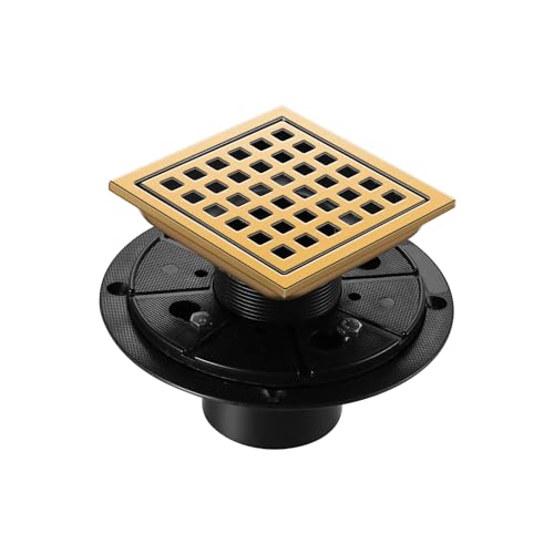 Shower Drain Brushed Gold 4 inch Shower Floor Square Drain with Flange Removeable Grid Panel SUS 304 Stainless Steel Square Shower Drain