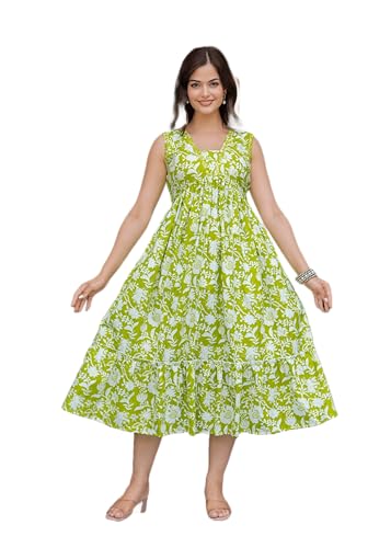 Image of Floral Print Rayon Midi Dress, Sleeveless, Lime Green and White, A-Line Empire Waist