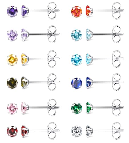 JeweBella 12Paires Petites Boucles d'Oreille Acier Inoxydable Femme Hypoallergénique Rondes Clou d'Oreilles Boucles d'Oreilles Zircon Multicolores Boucles d'Oreilles...