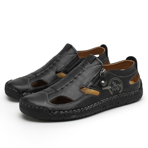 Men's Hand-Stitching Leather Lightweight Summer Slip On Flats Sandals Casual Retro Close Toe Driving Walking Outdoor Beach Shoes