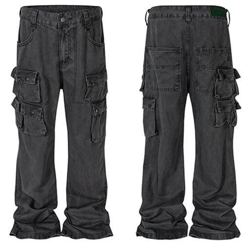 XYXIONGMAO Men's Black Functional Casual Trousers for Men Tactical Hip Hop Techwear High Street Flared Multi-Pocket Jeans3