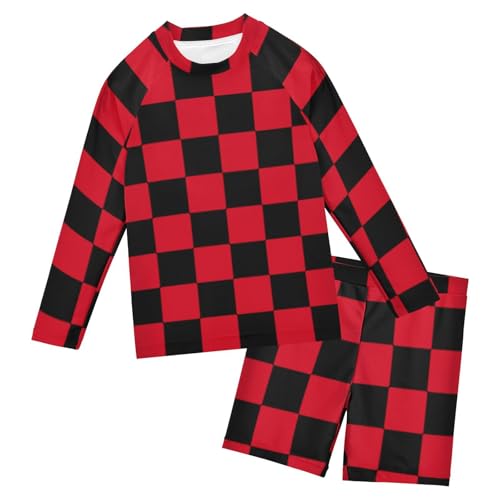 Traje de baño de dos piezas para niños con protección UV de manga larga a cuadros