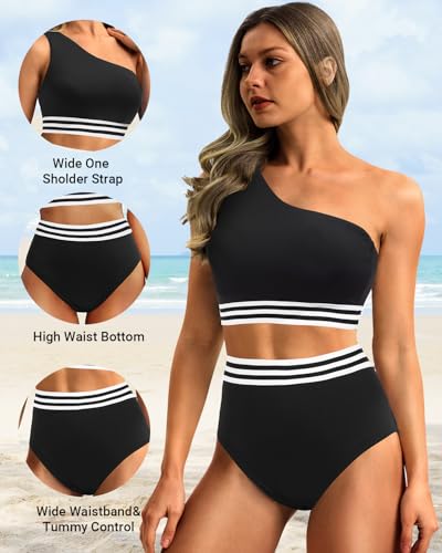 Image of Holipick Women One Shoulder High Waisted Bikini Sets Two Piece Swimsuit Tummy Control Bathing Suit Full Coverage Swimwear