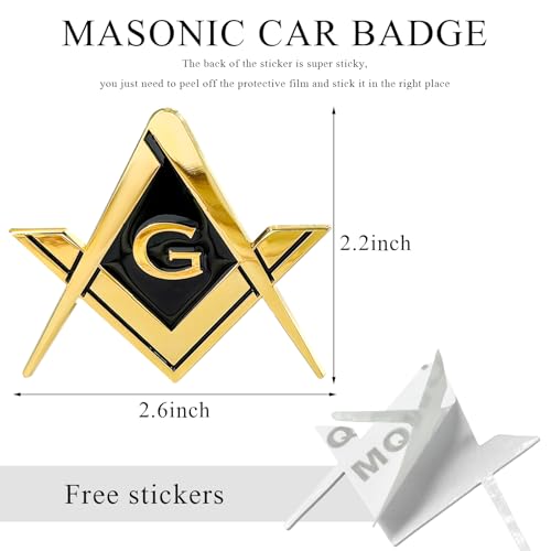 Image of DXNQ 2 PCS Masonic Car Emblem, 2.6 inch Chrome Plated Masonic Emblem Auto Stickers for Freemasons, Metal Mason Square and Compasses Car Decals for Most Vehicles, Car Accessories (Golden&Black)