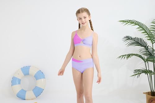 Image of Girls Swimsuit Color Block Twist Bathing Bikini Suit Adjustable Straps Girls 2 Piece Swimsuit 7-14 Years