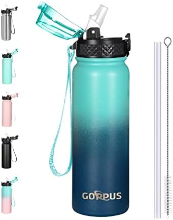 GOPPUS 600ml/20oz Stainless Steel Water Bottle with Straw Insulated Sports Bottle Cold Flask with Straw Double Walled Flip up Metal Water Bottles Leakproof Water Bottle for Gym Sports