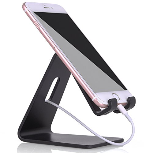 Desktop Cell Phone Stand, Portable Aluminum Smartphone Holder Cellphone Cradle Universal Holder Stand Mobile Smart Dock Mount for Smartphones and Tablets (Black)