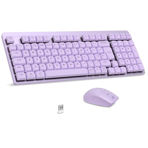 LeadsaiL Wireless Keyboard and Mouse Set 2.4Ghz Wireless UK Layout Low-Profile Red Switch 98-Key Compact Slim Mechanical Keyboard and Silent Mouse for Windows/MacOS PC Laptop - Lavander