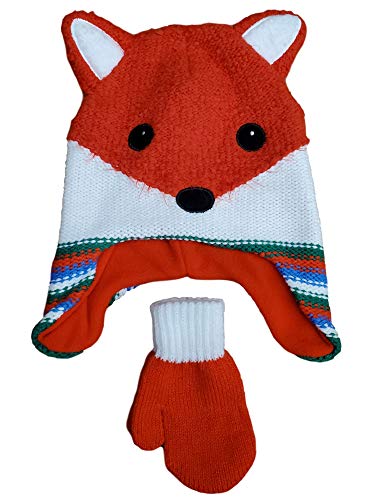Toddler Boys Red & White Fox Beanie Trapper Hat & Mittens Set 2T-5T