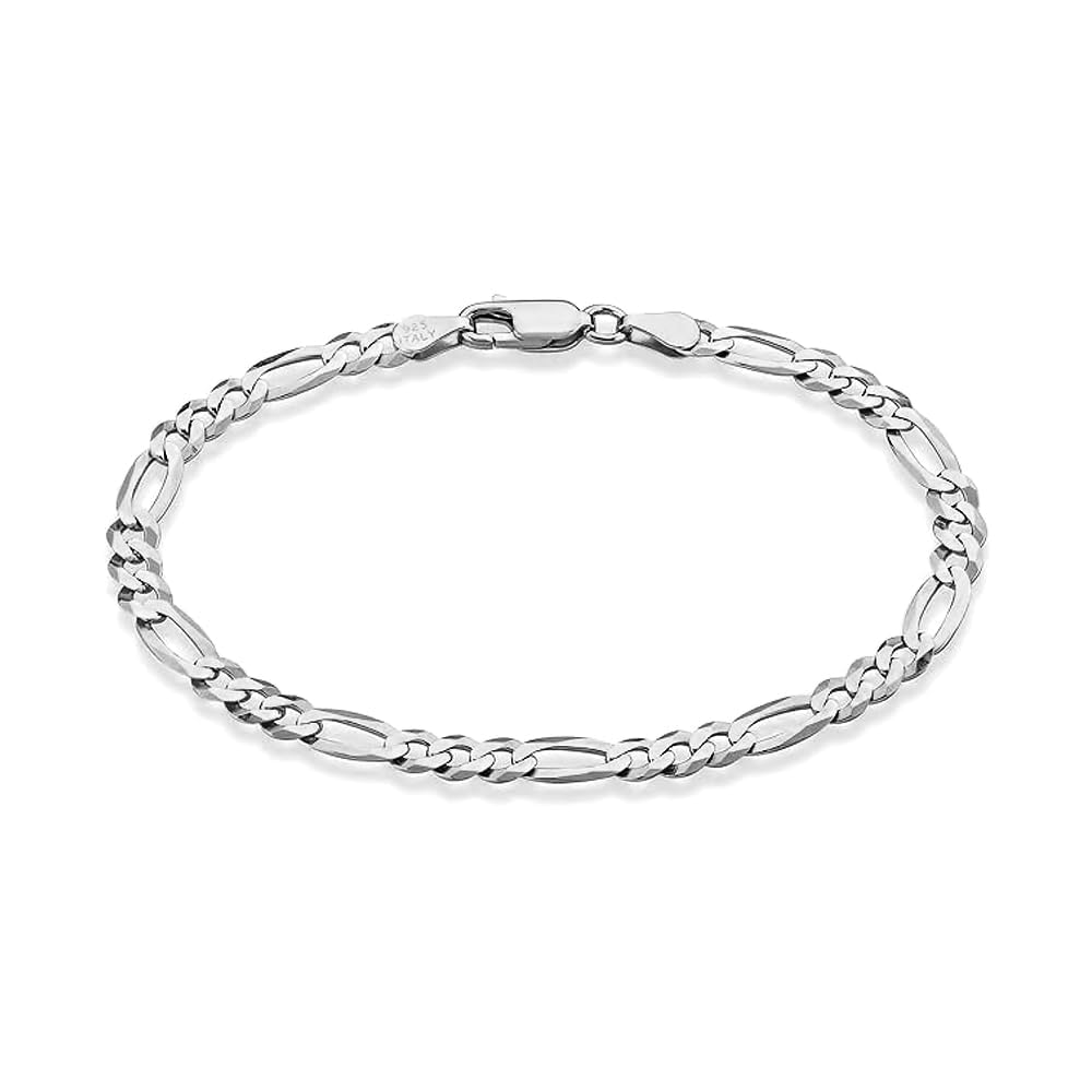 Solid 925 Sterling Silver Unisex Figaro Link Chain Bracelet | BIS Hallmarked Italian 4MM Diamond-Cut Figaro Chain Bracelet for Women Men (7, 7.5, 8, 8.5, 9 Inches)