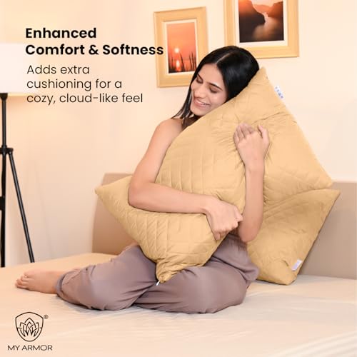 Image of MY ARMOR Waterproof & Dustproof Cotton Quilted Pillow Cover Protectors, Standard Size | 220+ GSM- Set of 2, Beige (18 inch x28 inch)