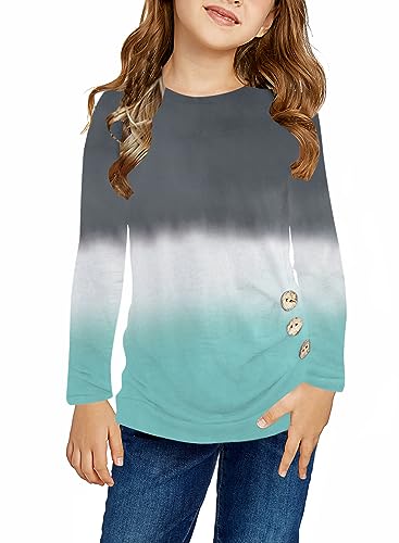 Image of Girls Casual Long Sleeve Color Block Pullover Top Stripe Button Crewneck Loose Tunic T-Shirts Blouse Size 4-13 Year