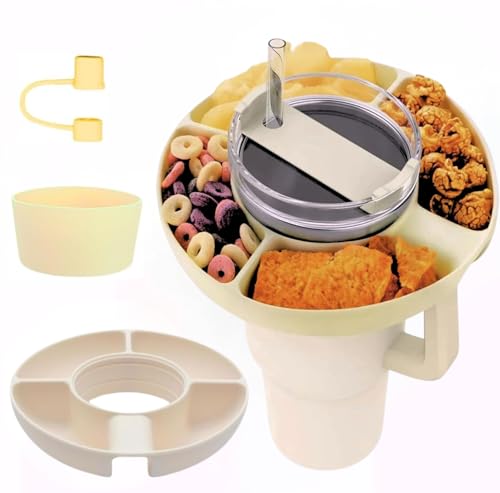 Tuilful Snack Tray for Stanley Cup 40oz | 4 Silicon Compartments Tray Stanley Accessories kit Bottom Boot & Straw Cover Caps Fits 40 oz Quencher H2.0 Cup - Stanley Accessories (Cream)