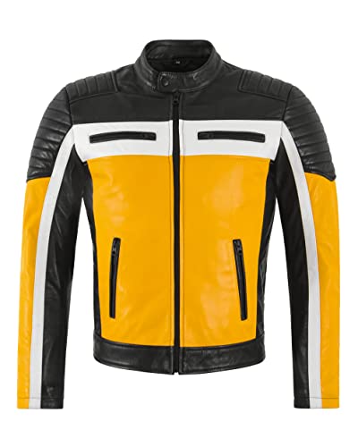 Cafe Racer Mens Biker Leather Jacket Black Yellow Retro Style Motocross Jacket 4288