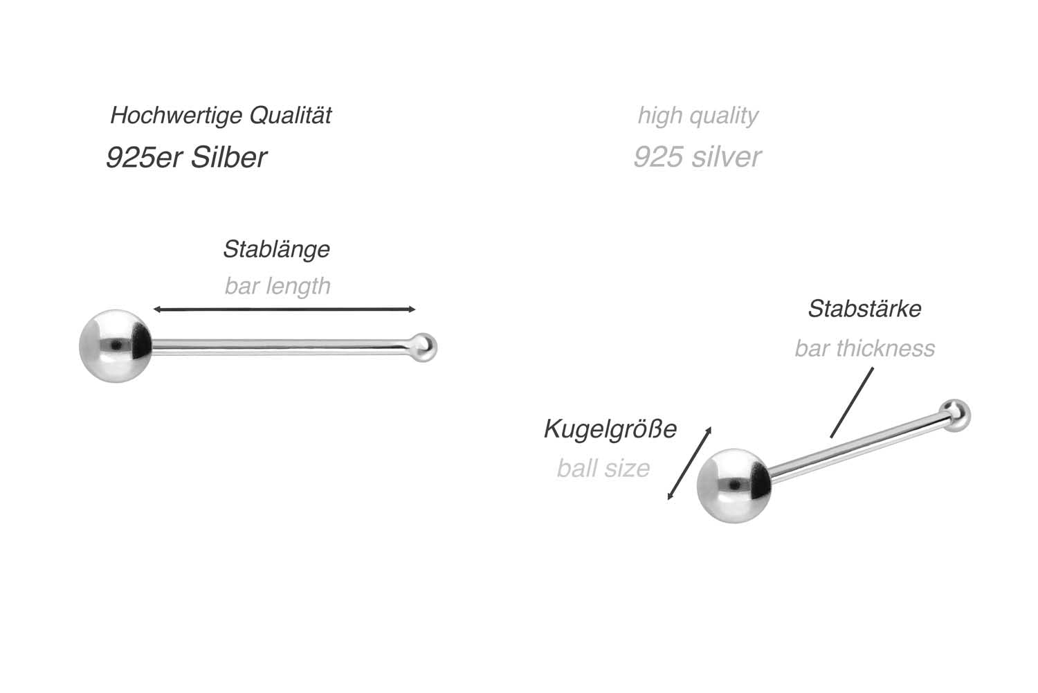 PIERCINGLINE - Confezione da 3 piercing da naso in argento sterling 925 - Sfera - Piercing da naso, Argento, Senza pietra