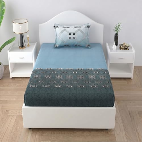 Image of Mafatlal 186 TC Autumn Delight Graceful Pure Cotton Single Flatsheet (60 x 90 Inch) | Breathable Summer Comfort | Wrinkle-Free Floral Bedsheet with 1 Pillow Cover, Elegant Blue