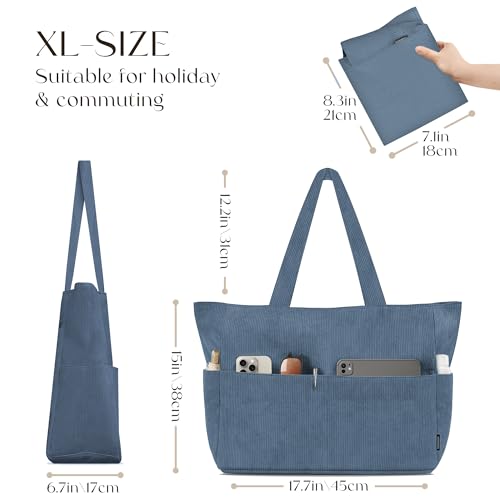 HOMESPON Large Corduroy Tote Bag for Women Everyday Shoulder Bag with Pockets and Zipper for Work Travel Vacation2