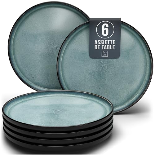 Assiettes Service de Table: Ensemble de 6 grandes assiettes en grès Ibiza - élégantes, compatibles lave-vaisselle et micro-ondes - Service vaisselle 6 personnes, Pure...
