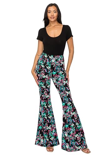 Cemi Ceri Women's High Waist Flare Pants – Stretchy Lightweight Crepe Scuba Fabric, Pull-On Bell Bottom Trousers, Flower/Green/Fuchsia, 2X