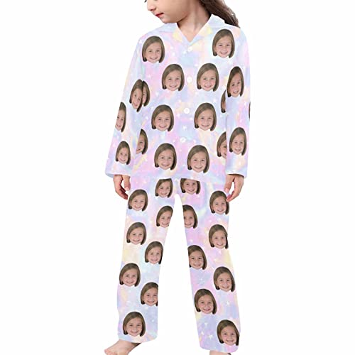 Artsadd Girls Pajamas Set Custom Face Pet Photo Long Sleeve Sleepwear Personalized Printed V-Neck Button-up Pants Nightwear