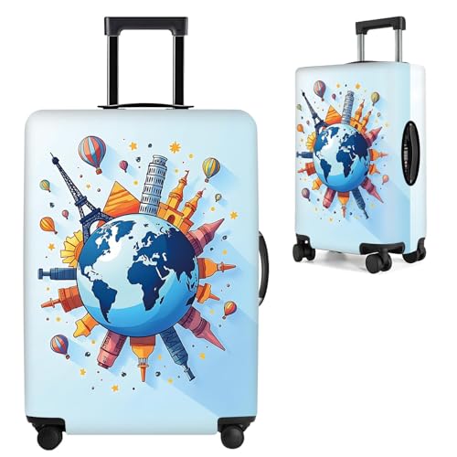 Image of World Travel Luggage Cover - Elastic Suitcase Protector with Iconic Landmarks and Hot Air Balloon Design, Stylish and Durable Wrap for 32''-34'' Travel Bags (Size XL)