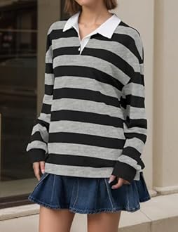 Meladyan Rugby Shirt Women Polo Striped Sweatshirt Oversized Long Sleeve Lapel V Neck Pullover Top Y2K Streetwear Blouses