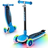 ZIFFY Kids Scooter for Boys & Girls Features LED Light-Up Wheels, 4 Adjustable Height Handlebars, and Lean-to-Steer Design with Anti-Slip Wide Surface for Stability - Up to 110LBS(Blue)