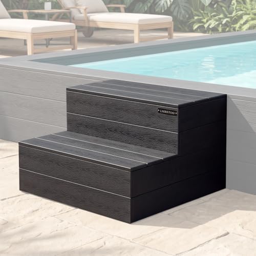 Hot Tub Steps, Universal Slip‑Resistant Spa Step, Wood‑Grain Plastic 2‑Step Hot Tub Ladder, Fully Sealed Outdoor Spa Steps for Deck & Porch, 800 lbs Load Capacity, Vault Black