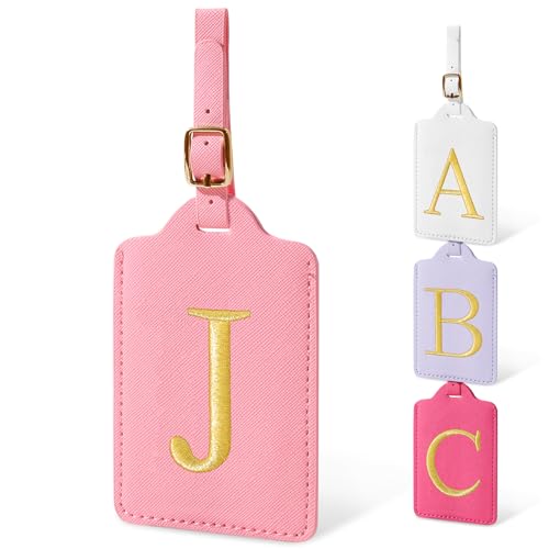 Image of Personalized Initial Luggage Tags for Suitcases, Cute PU Leather Embroidered Letter Travel Luggage Tags, Suitcase Identifier Name Baggage Tag, Bag Tags for Men Women Kids Luggage Handbags(Pink J)