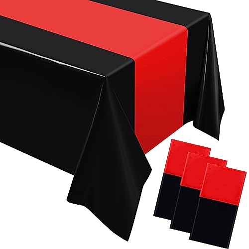 Image of Oudain 3 Pcs Plastic Table Cloths Disposable 54 inch x 108 inch,Black, Red