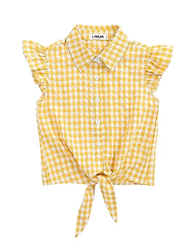 Image of Girls Sleeveless Plaid Button Down Shirt Summer Crop Tops Tie Knot Ruffle Sleeve Shirt Blouse 3-12Y
