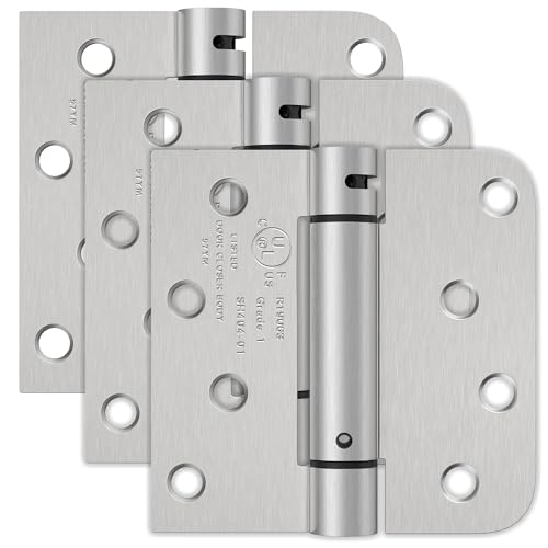 4 Inch Self Closing Door Hinges, Spring Loaded Door Hinges 5/8' Radius Corners for Exterior, Garage, Front and Back Door, for Left and Right Hand Door, UL Listed, Brushed Nickel, 3 Pack