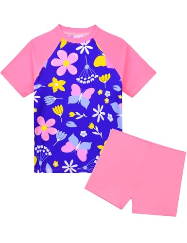 Image of Girls Swimsuit Colorful Short Sleeve Bathing Suits UPF 50+ Rash Guard Set Two Piece Summer Swimwear