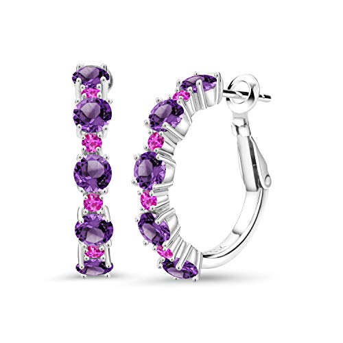 Gem Stone King 925 Sterling Silver Purple Amethyst and Pink Sapphire Hoop Earrings For Women (2.90 Cttw, Round 4MM and 1.9MM, Gemstone Birthstone 1 Inch Diameter)