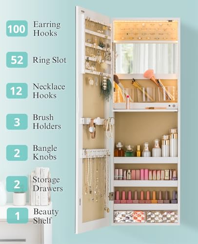 LUXFURNI Mirror Jewelry Cabinet Wall Mounted with lights, 42" Tall Over The Door Hanging Jewelry Armoire, 3 Color Modes Jewelry Mirror Storage, Vanity Table with Interior Mirror, White