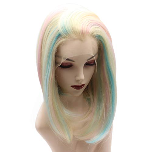 iwonawig Bob Lace Front Wig (Blonde with Blue Pink)