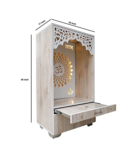 Image of Engineered Wood Mandir for Home with Legs | Assembled Corian Design Pooja Mandir | Dev Ghar with Storage and Light | Temple for Home & Office (White, LxWxH-17x24x45 Inch)