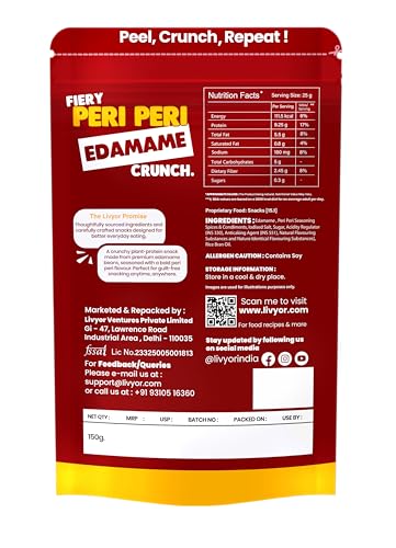 Image of Livyor Crunch Roasted Edamame Beans - 150g | Peri Peri Flavour | Roasted not fried | Plant based healthy snack | High Protein Snack | Gluten Free | Vegan | High In fibre