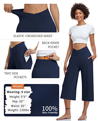 Image of TARSE Womens Casual Wide Leg Yoga Capris Crossover High Waist Capri Pants Loose Soft Pajama Pockets Sweatpants