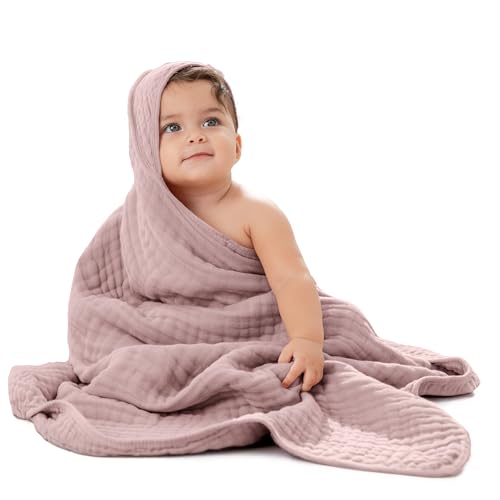 Image of Comfy Cubs Hooded Baby Towel 1-Pack, Large 32 x 32 Inch - 6 Layer 100% Muslin Cotton for Babies, Toddlers and Kids - Soft & Absorbent Baby Bath Towels - Unisex Design for Bath Time - Mauve