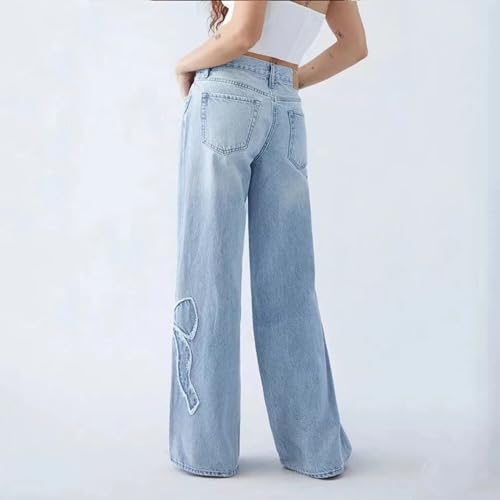 Womens Jeans Bowknot High Waisted Denim Pants Straight Leg Y2K Casual Baggy Trousers3