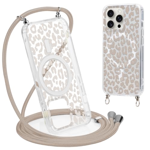 Coalbooliy Handykette Handyhülle für iPhone 16 Pro Hülle 6 3 mit Band Cover Kompatibel mit Magsafe Transparent Aesthetic Leopard Muster Cover mit Kordel zum umhängen Case Stoßfest 01