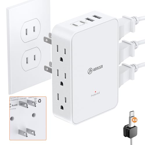 HONIZER 2 Prong to 3 Prong Outlet Adapter, 6 AC Side Outlets, PD 20W USB C, 2 Prong Power Strip with 4 Cable Clips, Multi Plug Outlet Splitter, Polarized Plug, Ideal for Old House