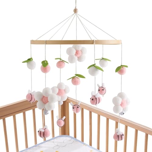Móvil de cuna de madera con pompones flores y abejas para bebé