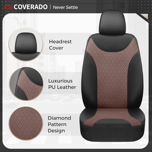 Image of Coverado Car Seat Covers Full Set, Leather Seat Covers for Front and Back Seat, Waterproof Car Seat Protectors with Splicing Design, Automotive Seat Cushions Universal for Most Cars, Black & Coffee